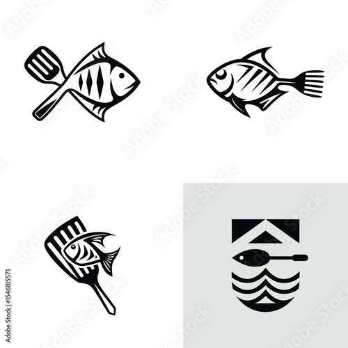 Grilled Fish Restaurant Logo Designs  Spatula and Fish Illustrations