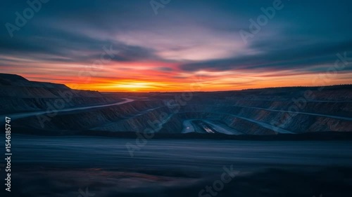 Sunset Over a Vast Open Pit Mine