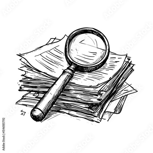 Magnifying glass over stack of papers in concept of icon sketch  