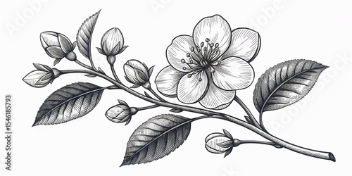 flower and leaves drawing. Vector hand drawn engraved floral card. Botanical, branch and flower Black ink sketch. Great for tattoo, invitations, greeting cards, decor