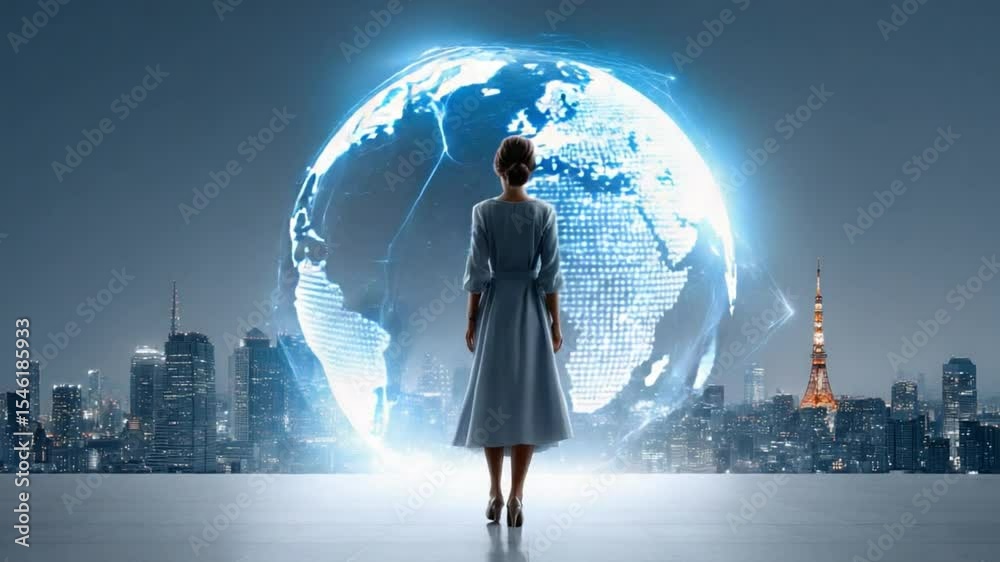 Global Visionary: A woman stands before a digital globe, representing global connectivity and future opportunities.