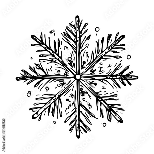 Black and white snowflake icon sketch with intricate details  