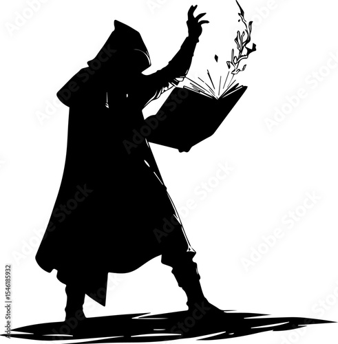 Hooded Wizard Casting Spell from Ancient Book Silhouette - Dark Magic Illustration