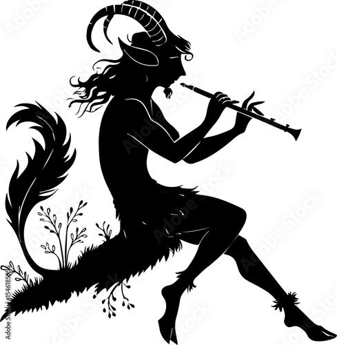 Mythical Faun Playing Flute Silhouette - Nature Spirit & Music