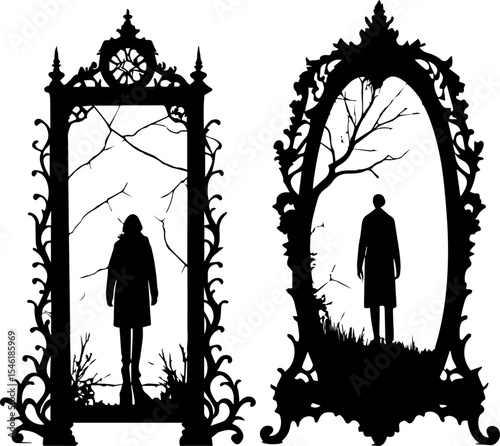 Mysterious Portal Mirrors with Solitary Figures - Gothic Fantasy Illustration
