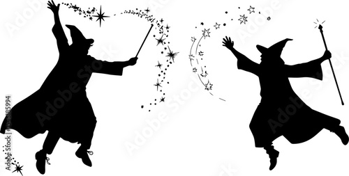 Dynamic Wizard Silhouettes Casting Spells - Fantasy Magic Illustration