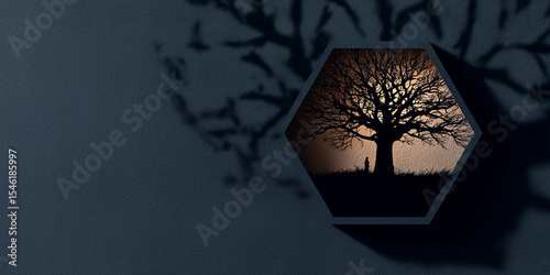 Tree Silhouette with Shadow in Hexagonal Frame