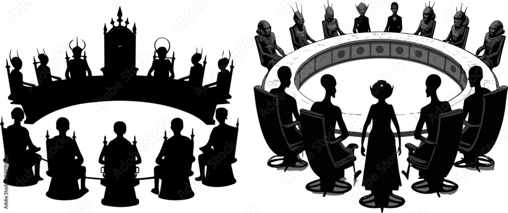 Fototapeta premium Council Meeting: Fantasy Rulers and Corporate Delegates in Silhouette