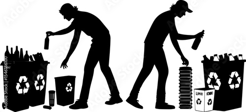 Recycling Efforts: Silhouettes of Individuals Sorting Bottles and Waste