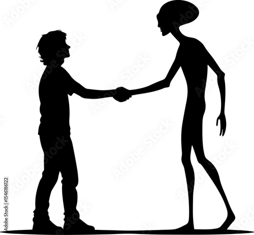 First Contact: Human and Alien Handshake Silhouette