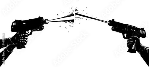 Laser Gun Duel: Futuristic Weaponry Collision in Monochrome