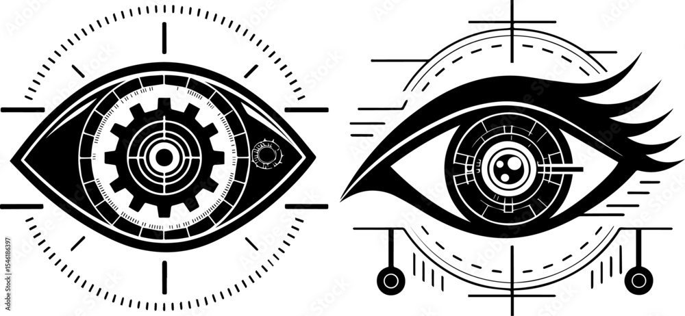 Obraz premium Cybernetic Eye with Gear and Target Silhouettes - Futuristic Vision Tech Vector