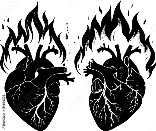 Anatomical Flaming Hearts Silhouette - Passionate Burning Love Vector