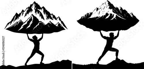 People Holding Up Mountains Silhouette - Strength and Challenge Vector