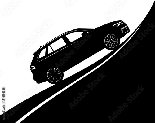 Car Driving Uphill on Steep Slope Silhouette - Automotive Challenge Vector