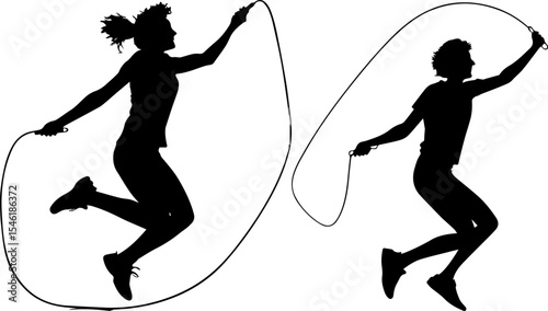 Energetic Women Jump Roping Silhouette - Skipping Rope Fitness Exercise Vector