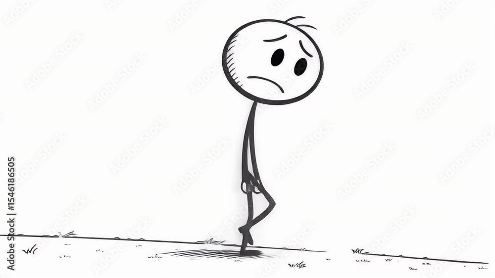Stick Figure Walks Sadly On White Background Expressing Depression And ...