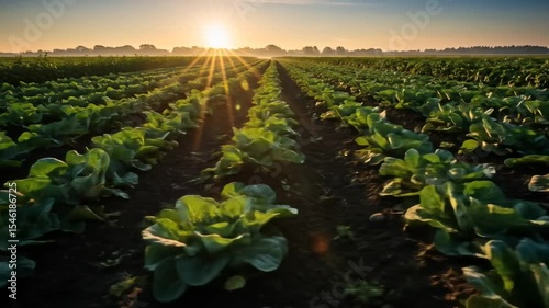 Sunrise Over a Lush Green Lettuce Field