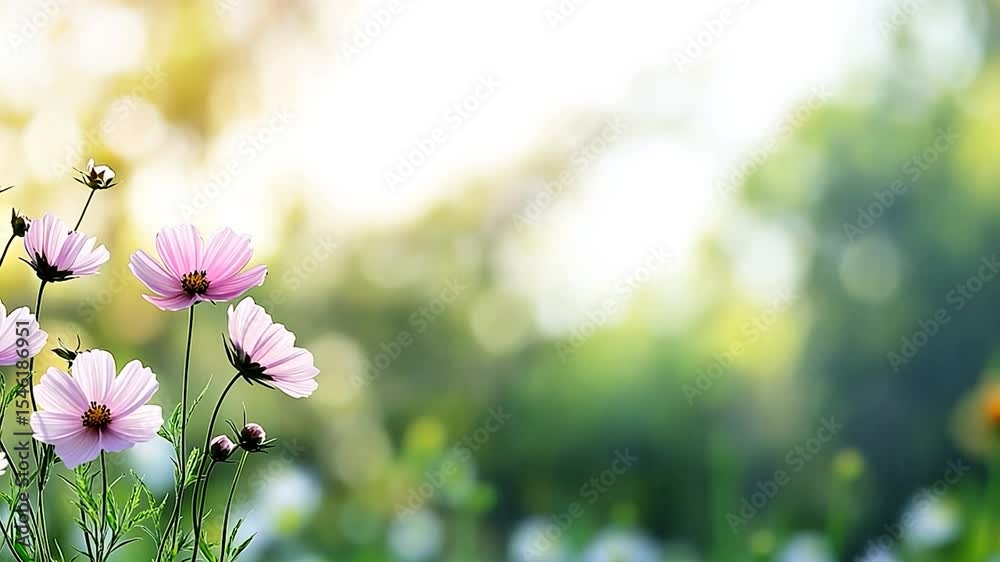 Pink cosmos flowers natural sunlight green bokeh background floral serene