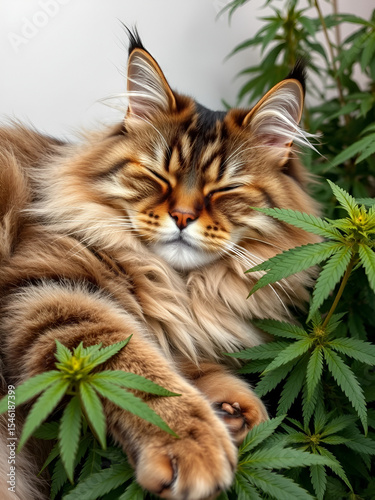 Large Maine Coon cat reclines on hemp leaves CBD oil serves as a sedative and pain relief in veterinary care