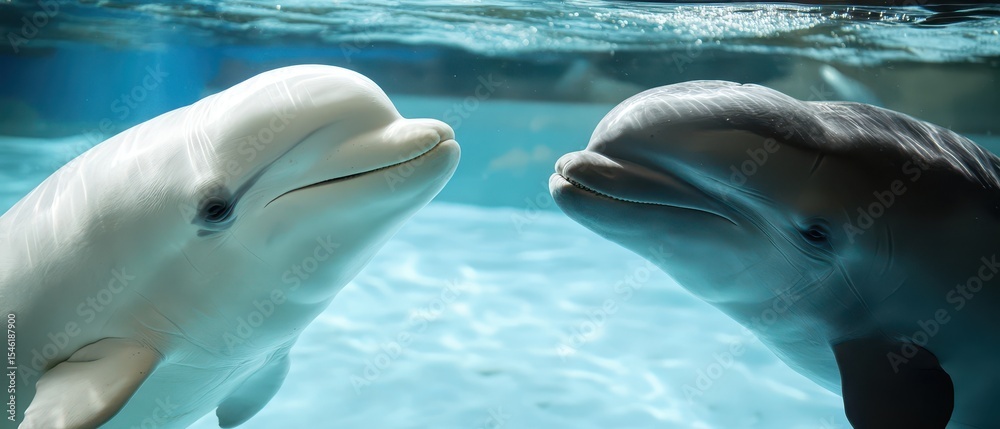 Naklejka premium Two dolphins interact in clear water habitat