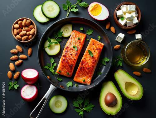 A dark, moody, top-down food composition centered on a gourmet ketogenic meal. At the heart of the arrangement lies a large, perfectly seared salmon steak with crisped skin and a tender, flaky orange-