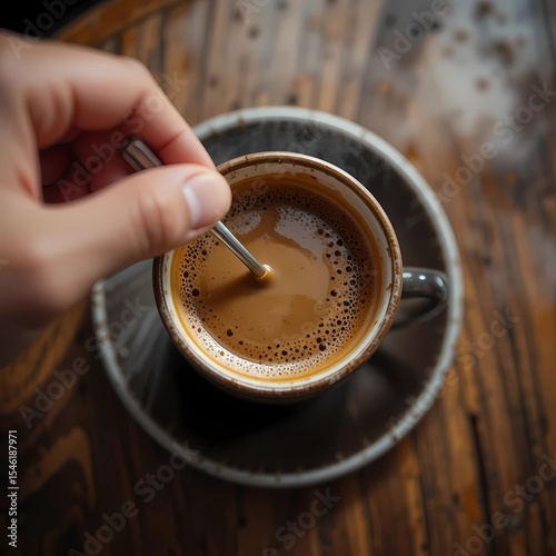 Top view Hand stirring hot coffee in ceramic cup ,calm lifestyle moment 