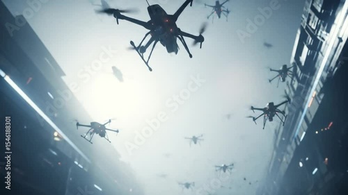 Swarm of Surveillance Drones Patrols Futuristic City