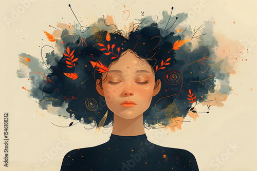 Overthinking, depression, anxiety – conceptual cartoon illustration symbolizing emotional overload, burnout, inner conflict and mental health struggle through a fragmented, modern human figure.