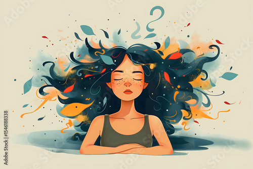 Overthinking, depression, anxiety – conceptual cartoon illustration symbolizing emotional overload, burnout, inner conflict and mental health struggle through a fragmented, modern human figure.