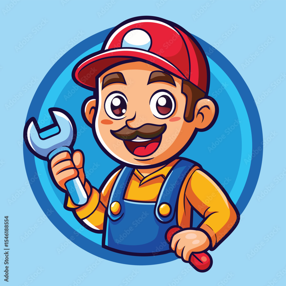 Fototapeta premium Cartoon Mechanic Character with Wrench – Happy Repairman Logo Illustration