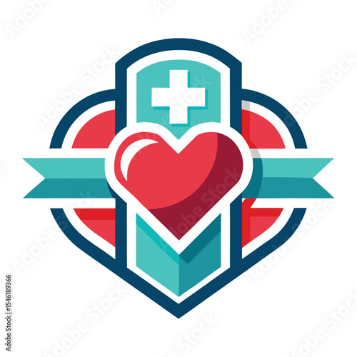 Red Heart and Blue Cross Medical Emblem with Shield and Ribbon Design