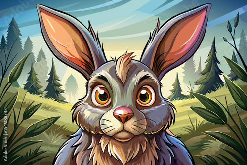 Scared rabbit with flattened ears and wide pupils in forest expressive animal vector illustration perfect for educational materials, storybooks, or emotional character design use