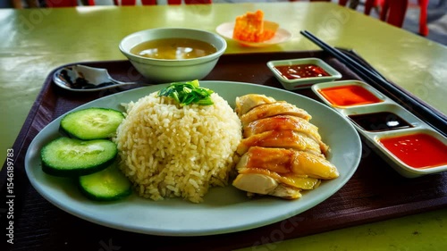 Authentic Singapore Chicken Rice Meal Served at Local Hawker Center with Side Sauces