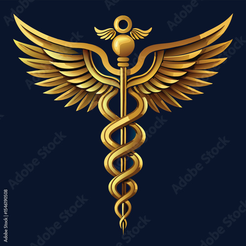 Golden Caduceus Medical Symbol with Wings and Serpents on Dark Background