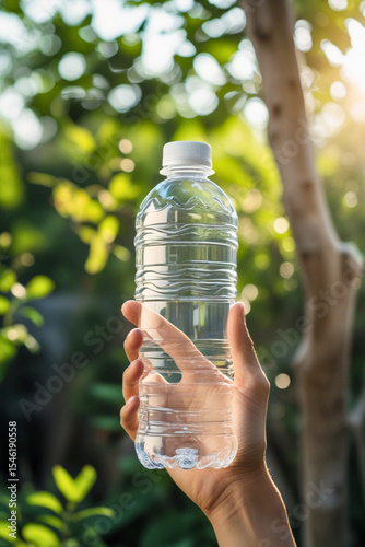 Hand Holding Clear Plastic Bottle with Water Outdoors