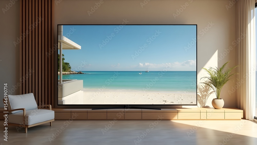 Fototapeta premium LED TV with Beach Image in MInimalist Living Room