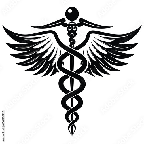 Caduceus Medical Symbol with Wings and Serpents in Black Silhouette