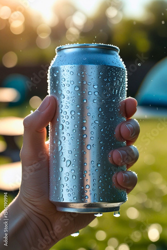 Hand Holding Cold Drink Can with Water Droplets Outdoors