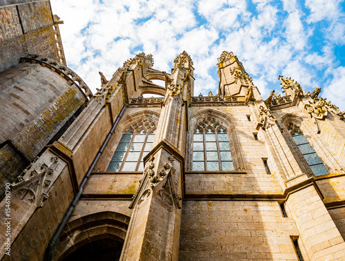 Stunning detail of the mighty external nave of abbey church at famous Le Mont Saint Michel, Normandy, Northern France