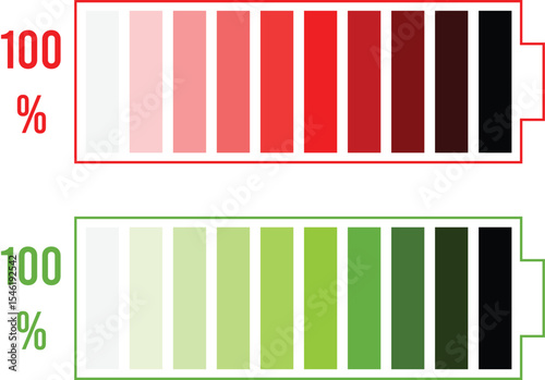 100% Battery charge - concept with red and green gradient bars indicating energy levels, symbolizing power, health, or performance