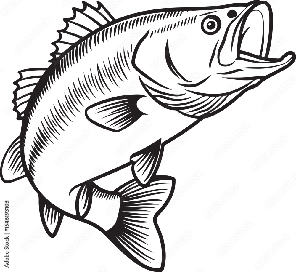 Fototapeta premium Aggressive Largemouth Bass Fish Jumping Vector Illustration, Sport Fishing Graphic. Aggressive Largemouth Bass Fish Jumping Vector Illustration.