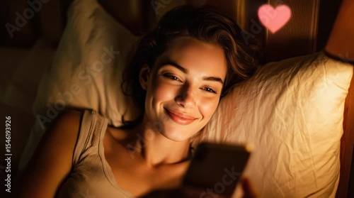 Happy woman lying in bed smiling at smartphone with floating pink hearts, online dating or romantic chat concept.