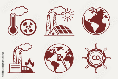 Climate change icons depicting global warming and pollution sources
