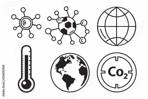 Climate change icons isolated on white background in black and white