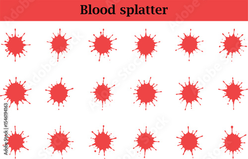 Red blood splatter set on transparent background, red paint texture