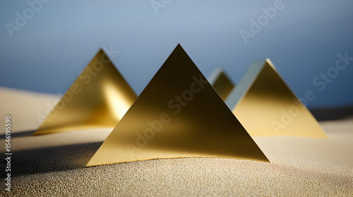 with pyramidal machines half-buried in golden sand dunes