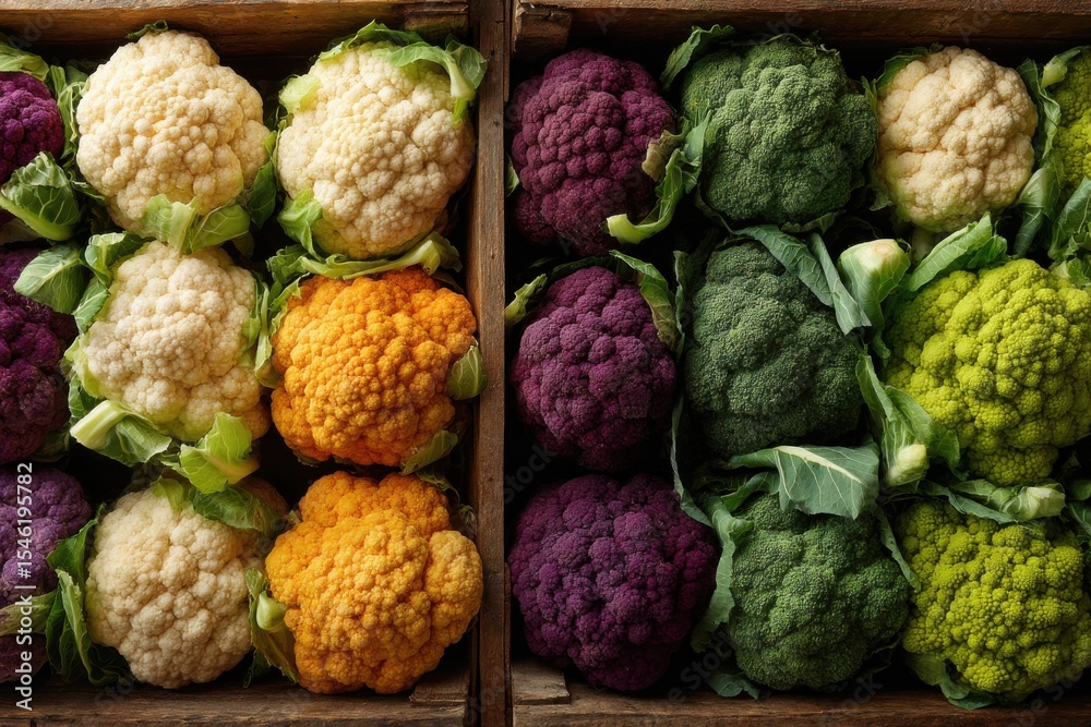 Fototapeta premium Assortment of Colorful Cauliflower and Broccoli in Wooden Crates Displaying Orange, Green, Purple, and White Vegetable Variety