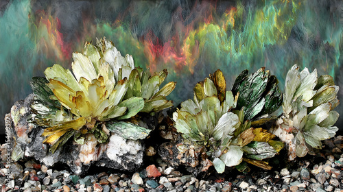 sprouting from the ground under aurora-filled artificial skies