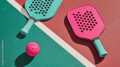 Bright pickleball scene with pink and green paddles on vibrant court highlights sporty lifestyle, outdoor play, and modern athletic trends.